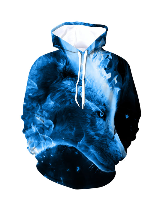 Unisex 3D All Over Print Hoodie with Blue Flame Wolf Design Aesthetic Streetwear