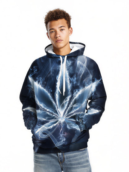 Unisex Pullover Hoodie with 3D All Over Print: Glowing Smoke Cannabis Leaf in Cosmic Nebula, Streetwear Aesthetic, Soft Cotton Blend, Loose Fit for Men Women