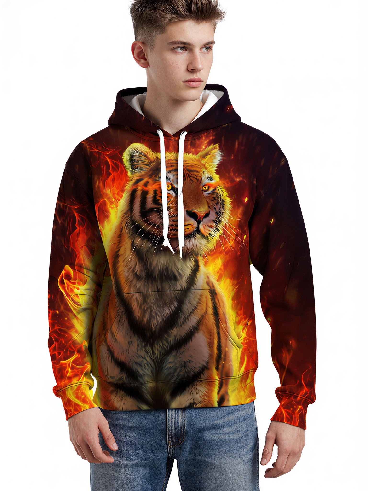 Men Women 3D All Over Print Fire Tiger Hoodie Sweatshirt for Casual Streetwear