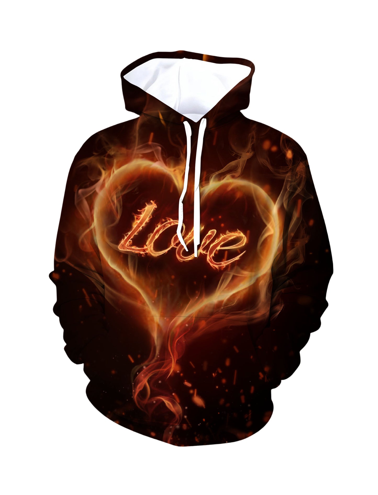 Unisex Pullover Hoodie with 3D All Over Print featuring Fiery Heart and “Love” Script in Y2K Aesthetic, Soft Cotton Blend, Loose Fit Casual Streetwear