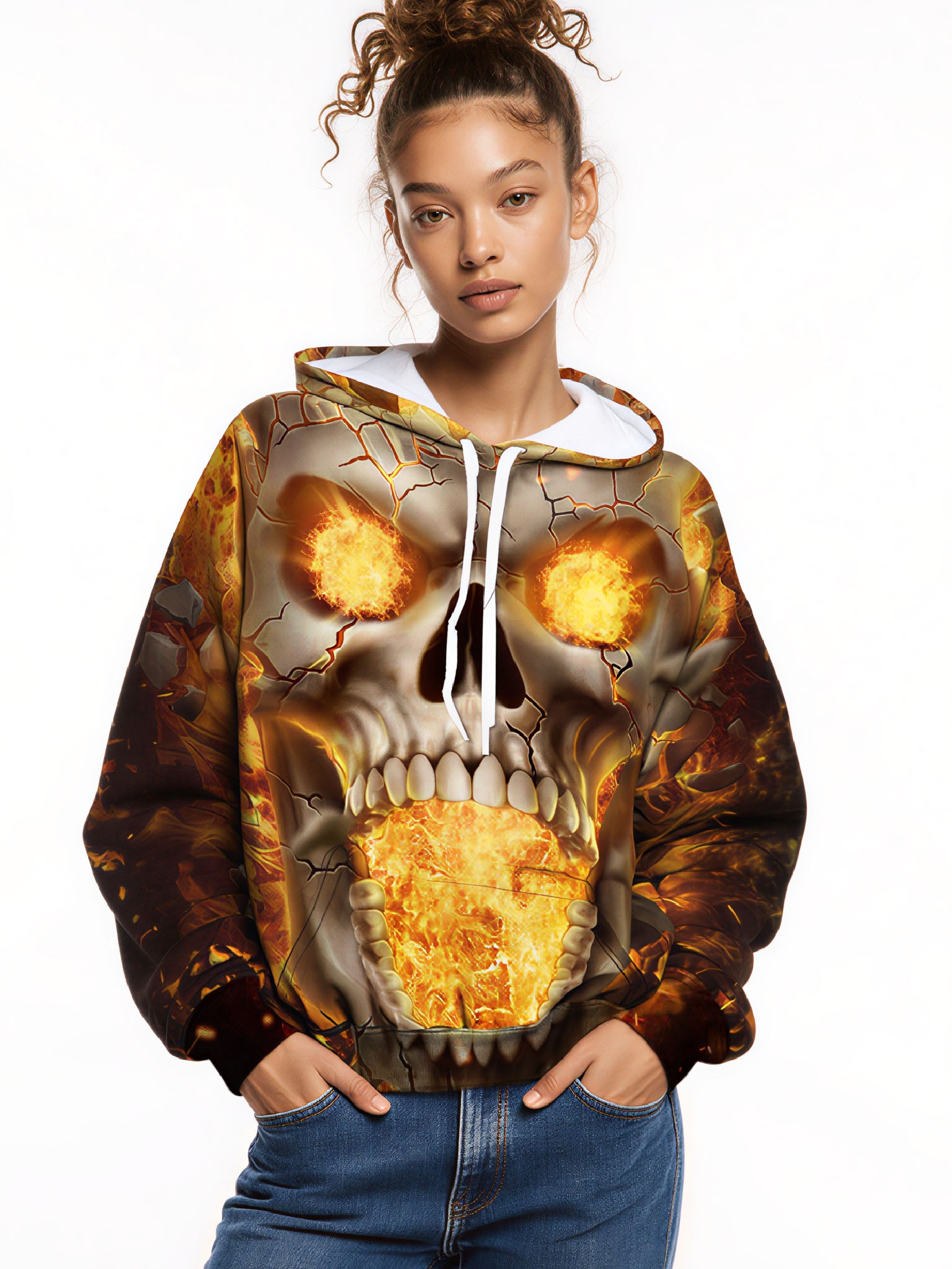 Hoodie 3D All Over Print Fiery Skull Streetwear Unisex Soft Comfortable Pullover