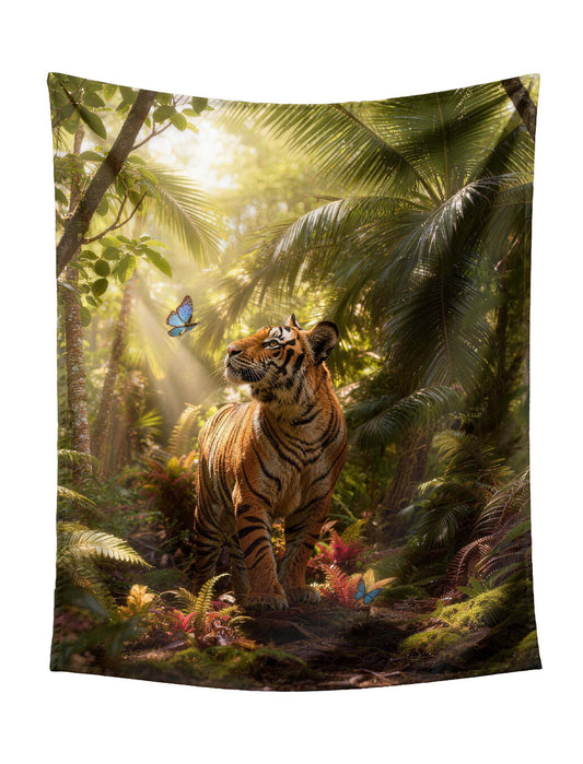 Tiger Watching Blue Butterfly In Dappled Sunlight Tropical Jungle Tapestry - Dreamy Wildlife Wall Hanging for Tranquil Bedroom Home Decor