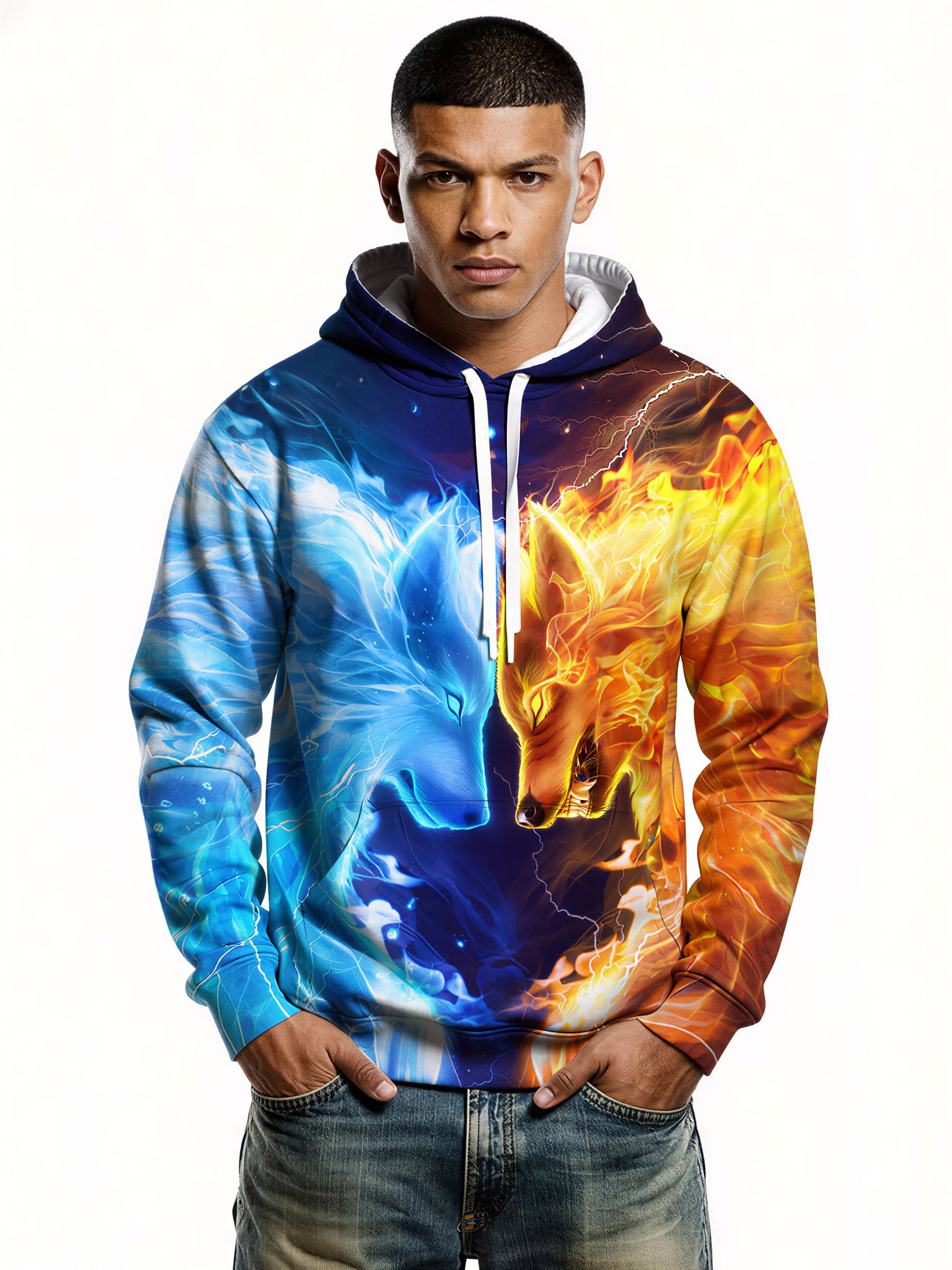 Men Women 3D All Over Print Fire Ice Wolf Hoodie Sweatshirt Graphic Pullover