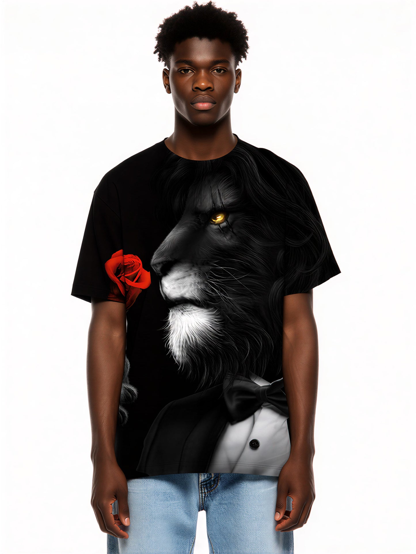 Lion in Suit with Red Rose 3D All Over Print T-Shirt for Men Women