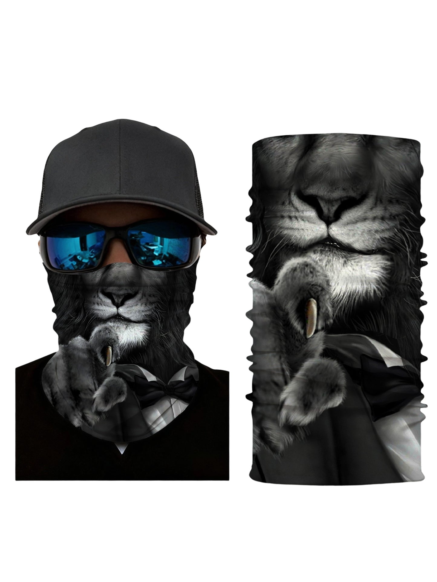 Unisex Balaclava with 3D all over print featuring a sophisticated lion in tuxedo, streetwear aesthetic, soft stretchy and breathable fabric for urban fashion lovers