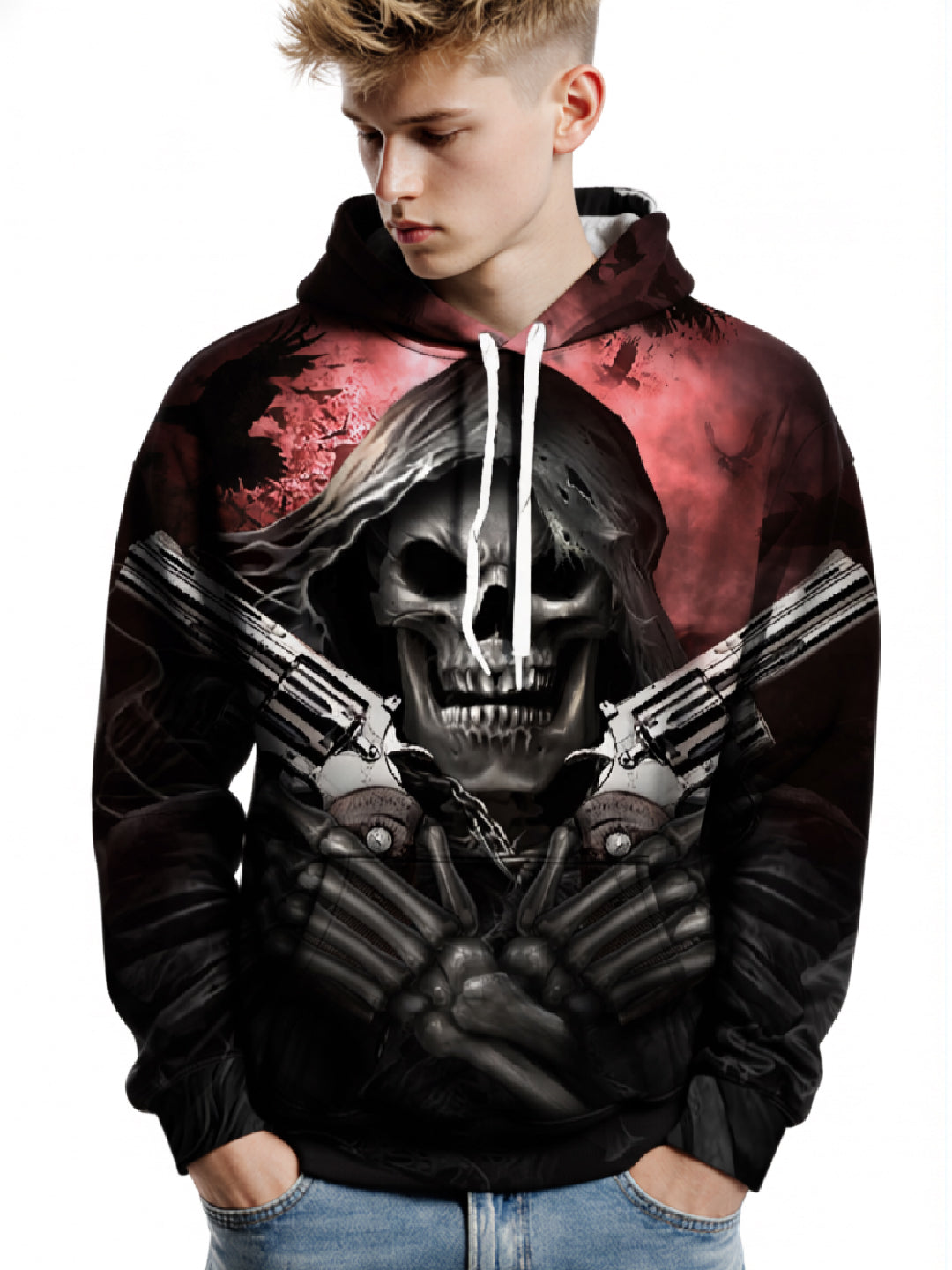 3D All Over Print Skull Double Guns Gothic Hoodie for Men Women Streetwear Edgy Dark Aesthetic