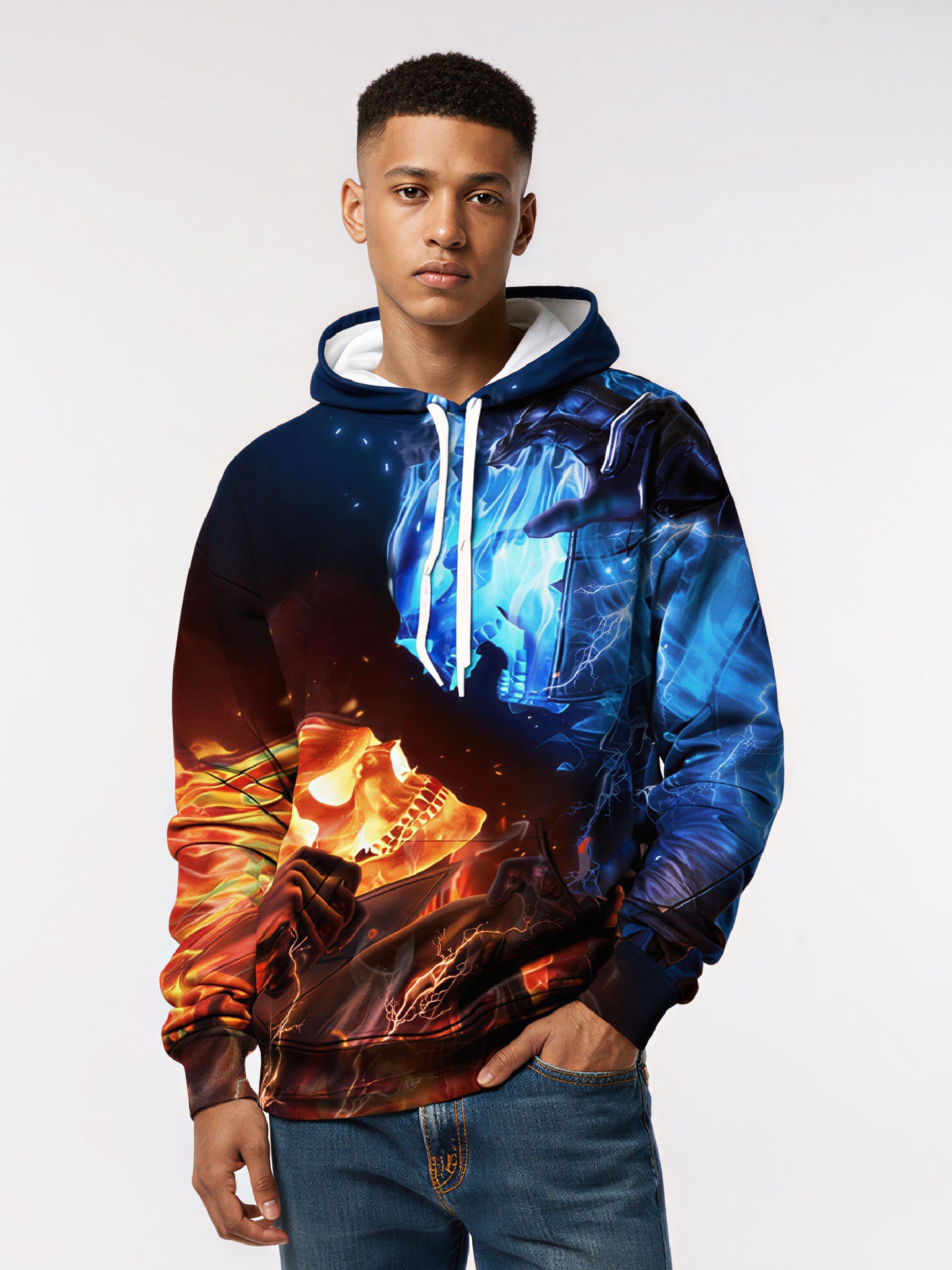 Hoodie 3D All Over Print Fire Ice Skull Glow Streetwear Unisex Soft Comfortable