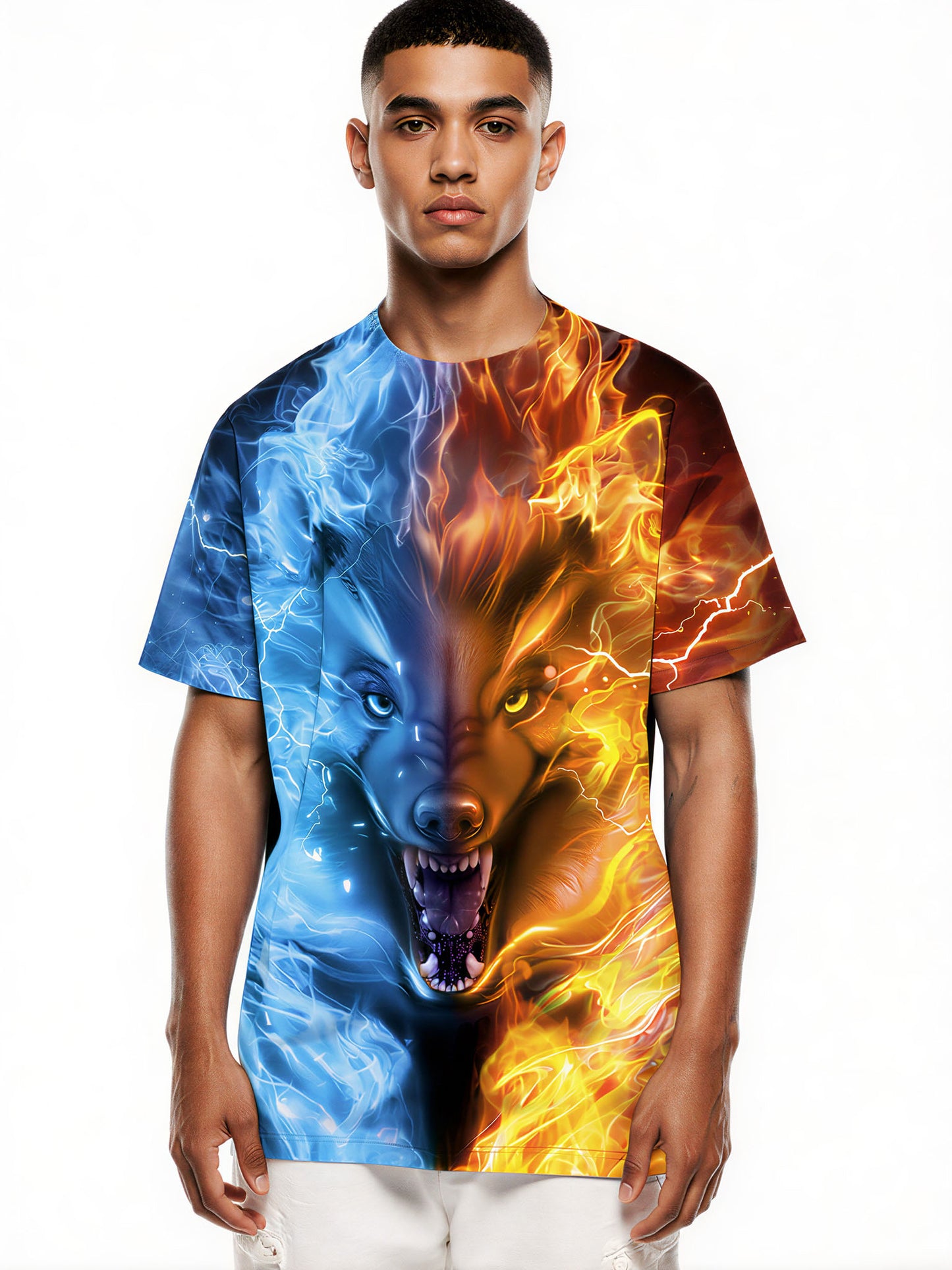 Fire Ice Wolf 3D All Over Print T-Shirt for Men Women, Bold Graphic Streetwear Sweatshirt