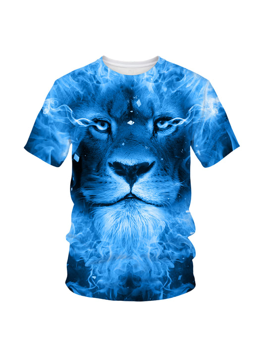 3D All Over Print Lion T-Shirt for Men Women Blue Flame Art Style