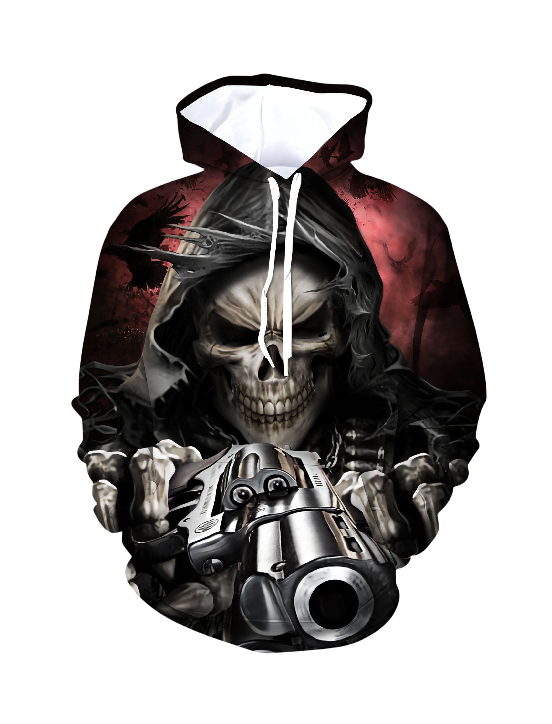 Edgy Grim Reaper Skull Revolver All Over Print Streetwear Hoodie