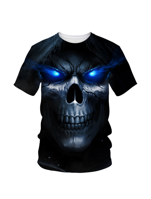 3D All Over Print Skull T-Shirt with Glowing Blue Eyes for Men Women, Gothic Streetwear Style