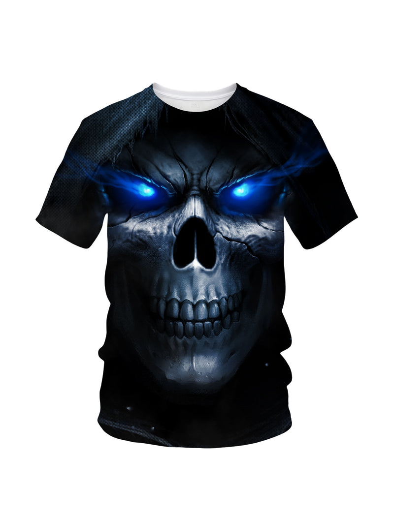 3D All Over Print Skull T-Shirt with Glowing Blue Eyes for Men Women, Gothic Streetwear Style
