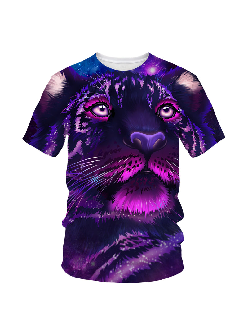 3D All Over Print T-Shirt Men Women Galaxy Panther Face Purple Cosmic Style