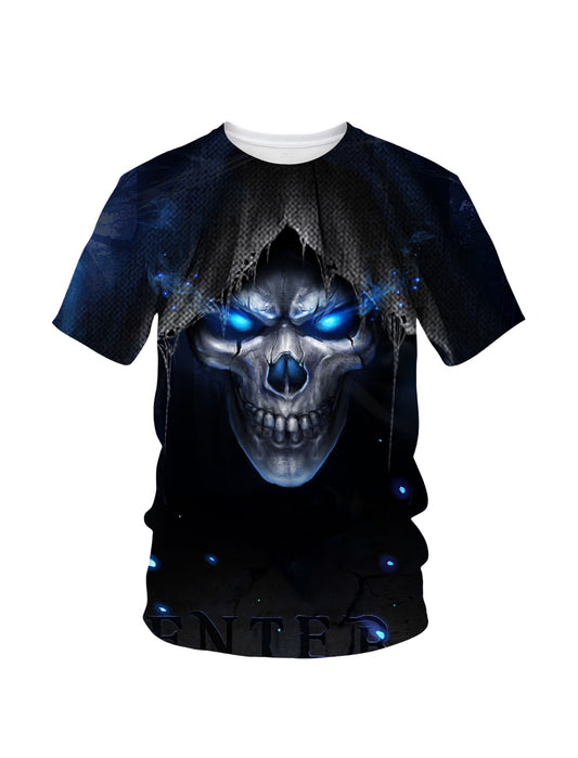 Men Women 3D All Over Print Skull T-Shirt with Glowing Blue Eyes Gothic Streetwear Design