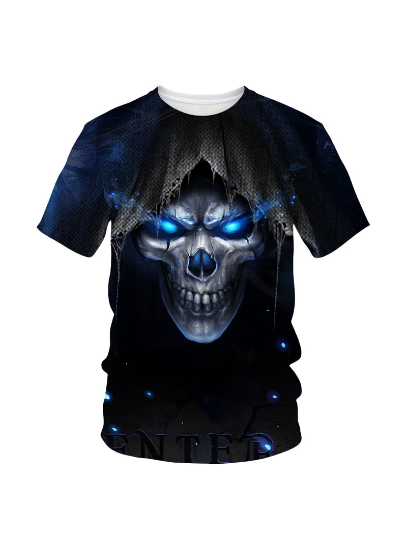 Men Women 3D All Over Print Skull T-Shirt with Glowing Blue Eyes Gothic Streetwear Design