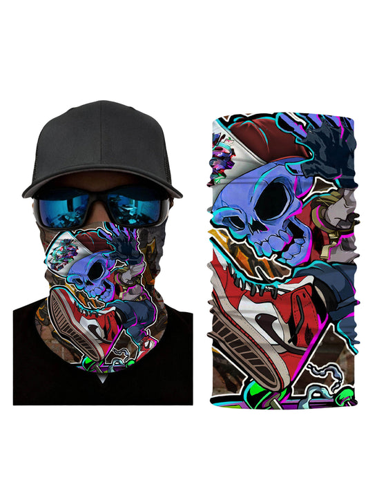 Tube Face Mask with 3D all over print graffiti skull and sneaker collage, Streetwear style unisex neck gaiter, soft stretchy breathable fabric for urban wear