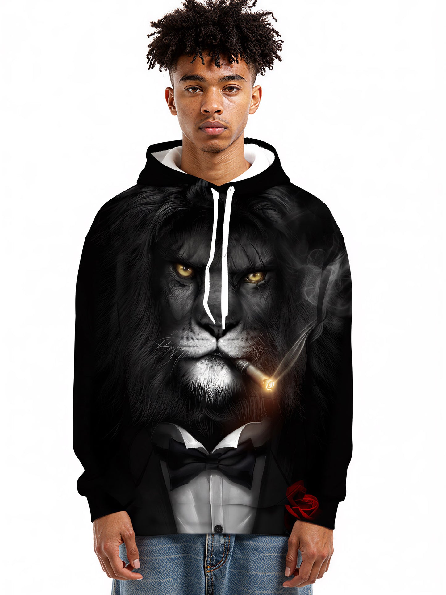 Men Women 3D All Over Print Lion Smoking Hoodie with Bow Tie and Rose Design