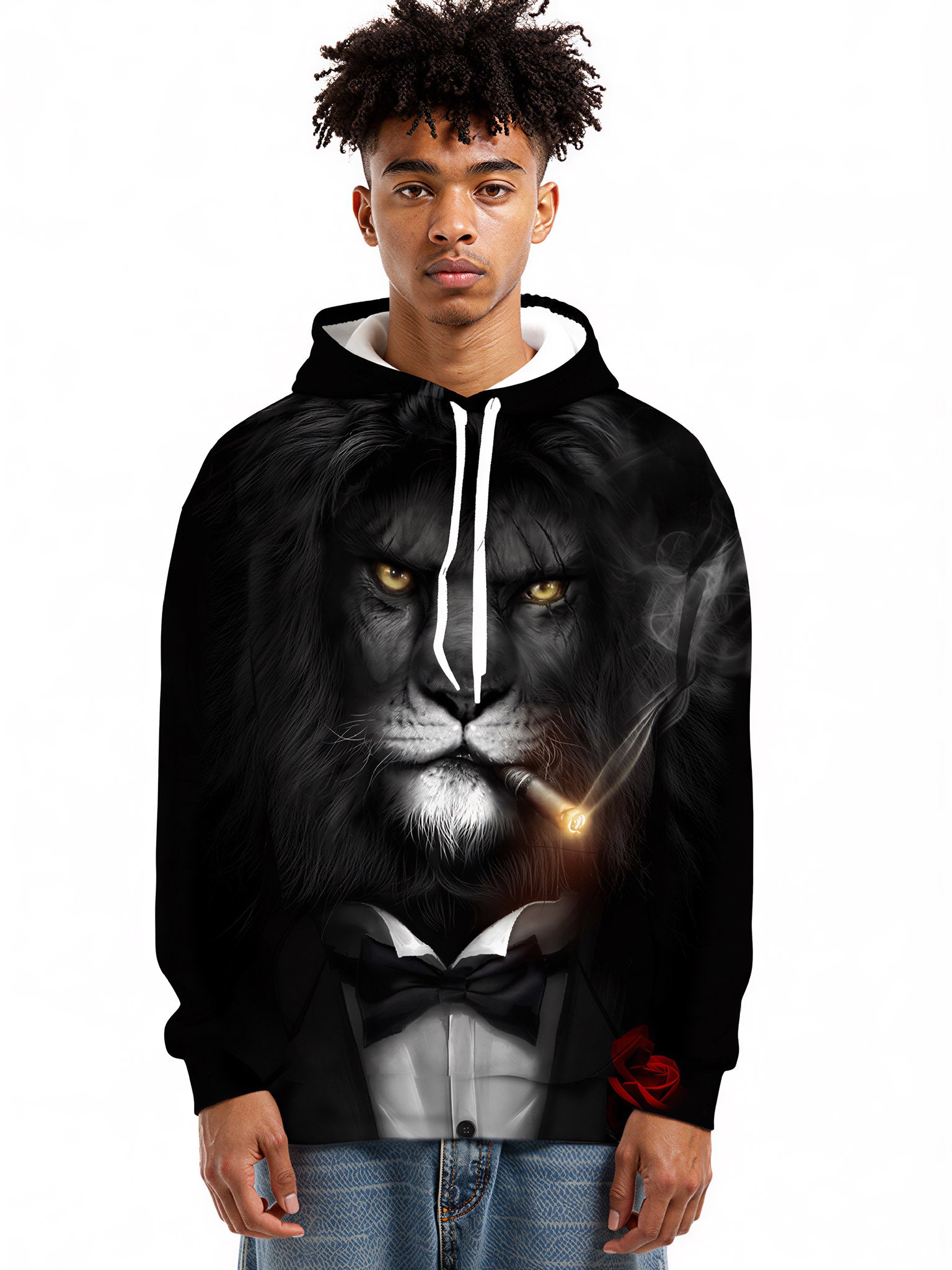 Men Women 3D All Over Print Lion Smoking Hoodie with Bow Tie and Rose Design