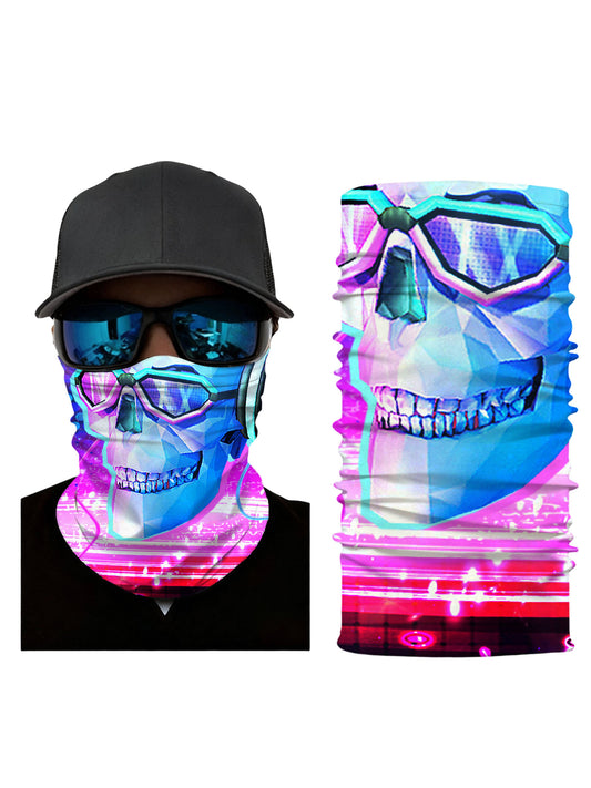 Unisex Pullover Hoodie with 3D All Over Print featuring Cyberpunk Skull in Neon Blue Pink, Y2K Aesthetic Streetwear, Soft Cotton Blend, Loose Fit for Daily Wear
