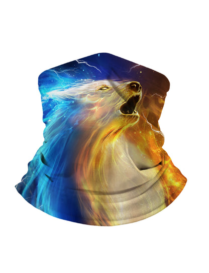 Cosmic Wolf 3D Print Face Gaiter – Electric Blue & Fire Orange Streetwear Style