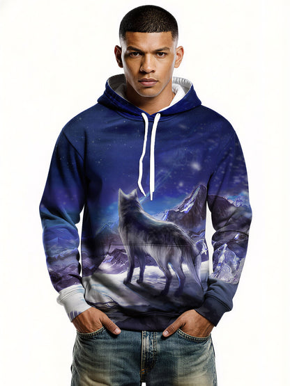 Wolf Mountain 3D All Over Print Hoodie for Men Women, Starry Night Graphic Pullover Sweatshirt