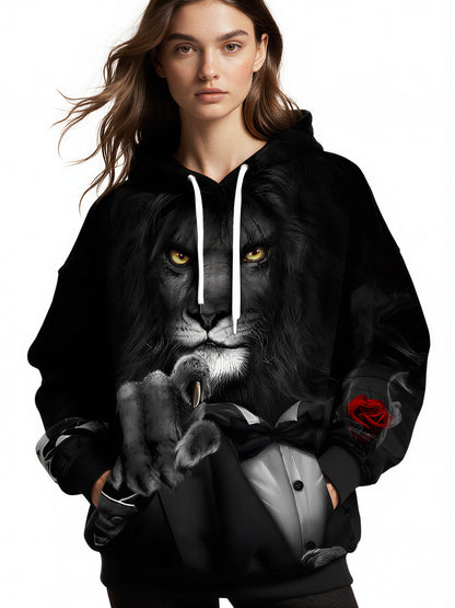 Lion in Tuxedo 3D All Over Print Hoodie for Men Women with Red Rose Style
