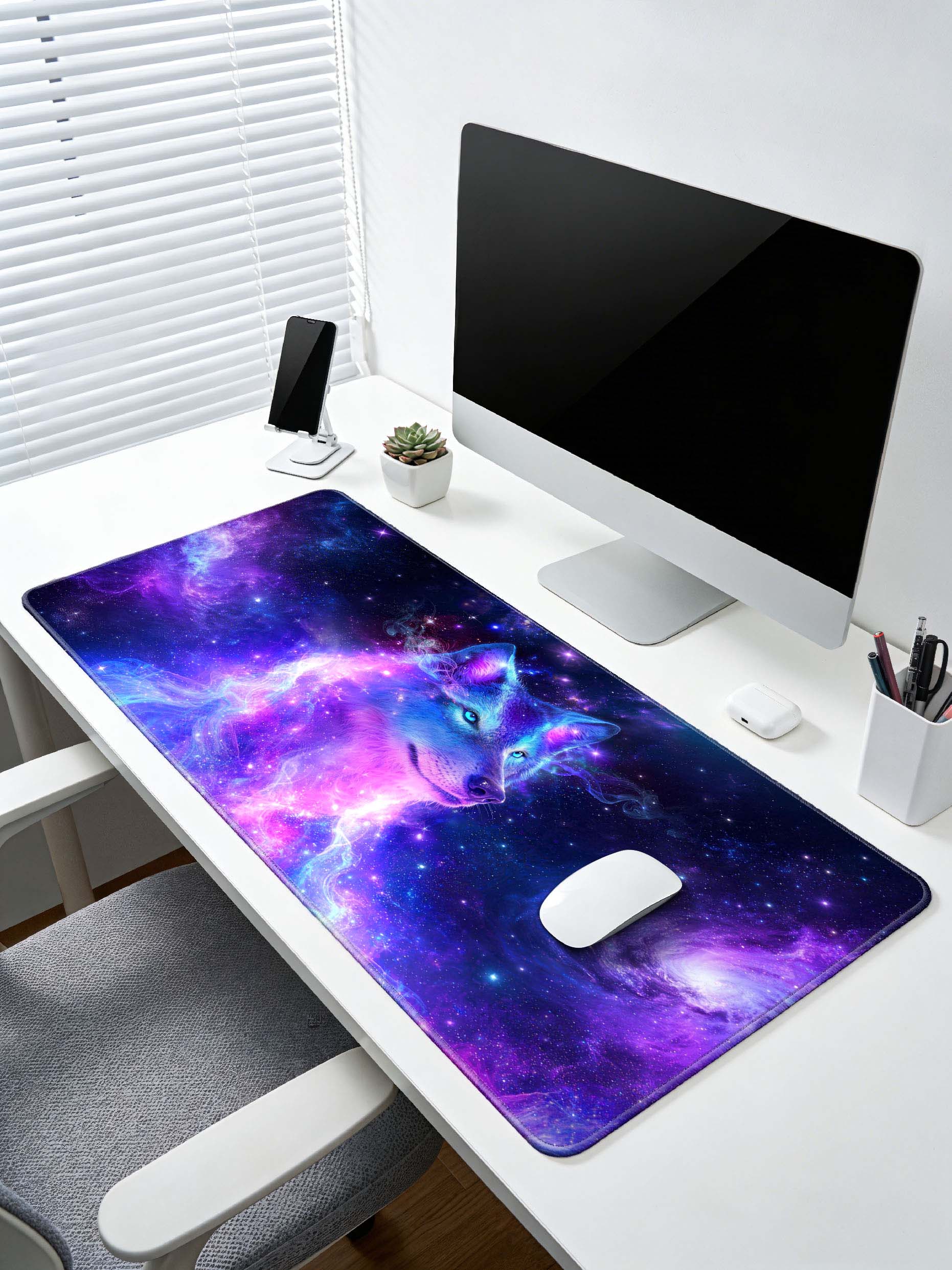 Side Profile Cosmic Wolf With Dual Galaxies & Nebula Desk Mat