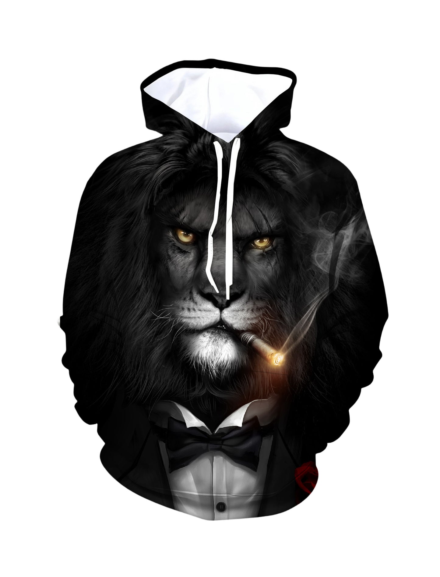 Men Women 3D All Over Print Lion Smoking Hoodie with Bow Tie and Rose Design