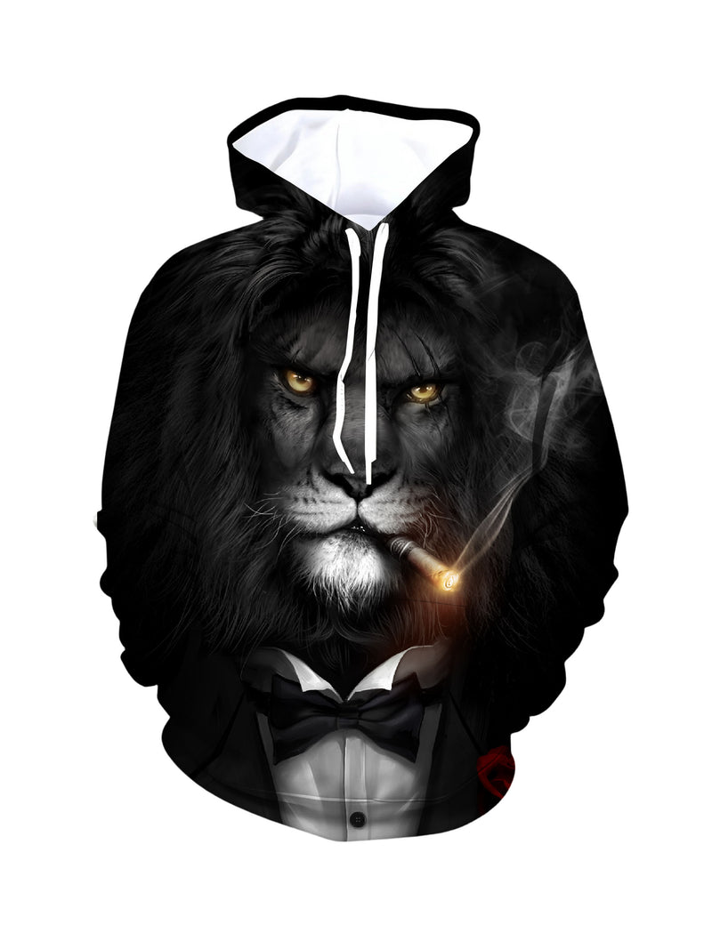 Men Women 3D All Over Print Lion Smoking Hoodie with Bow Tie and Rose Design