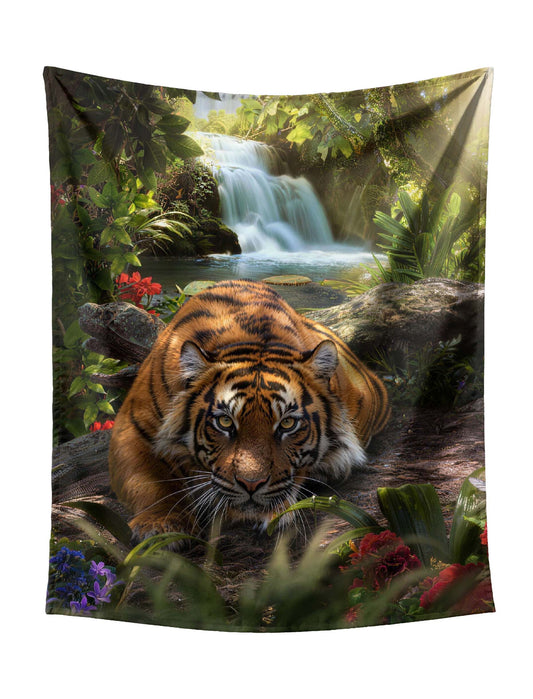 Tiger Crouching Low Before Cascading Waterfall In Lush Jungle Tapestry - Powerful Wildlife Wall Art for Bold Home Decor