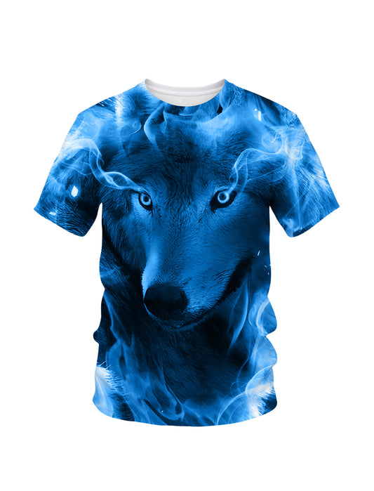 3D All Over Print Wolf T-Shirt for Men Women Blue Flame Art Style