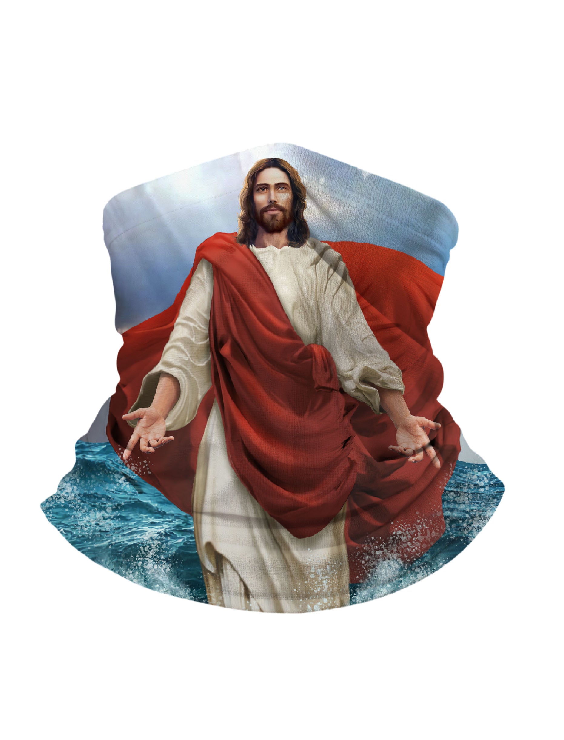 Tube Face Mask with 3D all over print of divine figure walking on water, aesthetic religious art style, unisex breathable fabric for outdoor wear