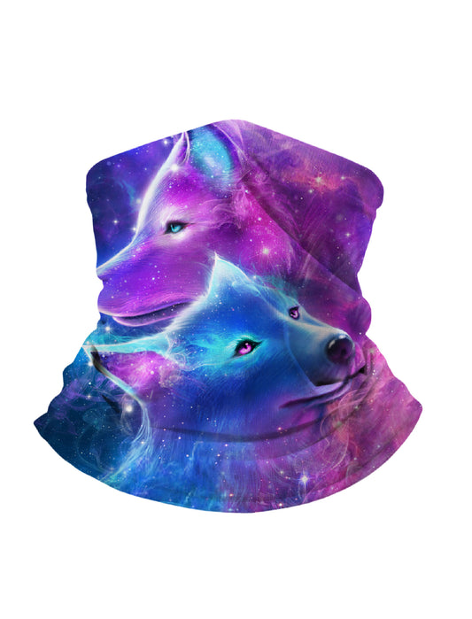 Neck Gaiter with 3D all over print galaxy nebula wolves, Aesthetic style unisex tube face mask, breathable fabric and soft stretchy for outdoor wear