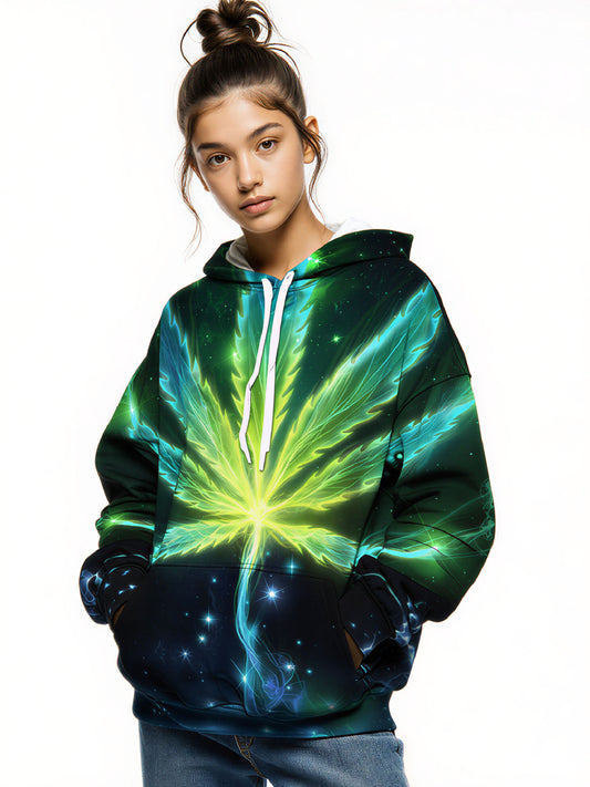 Neon Green Blue Flame Cannabis Leaf 3D Unisex Psychedelic Streetwear Hoodie