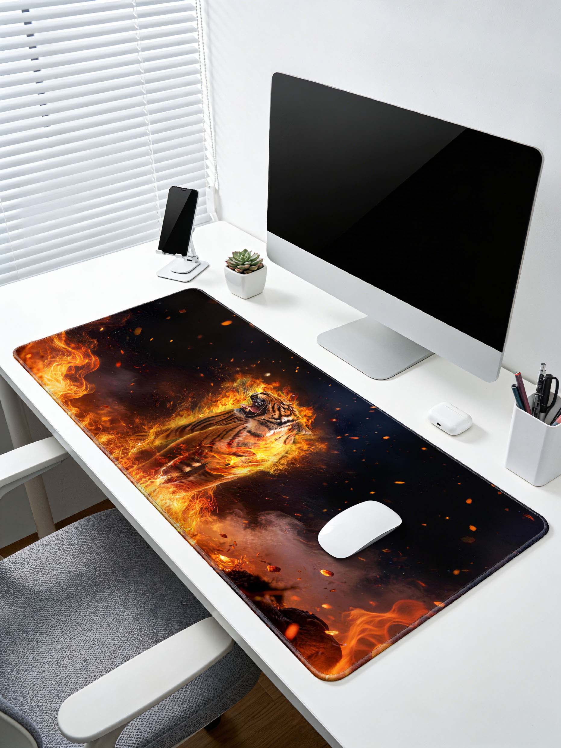 Flaming Tiger Standing Tall In Burning Ashes Large Desk Mat
