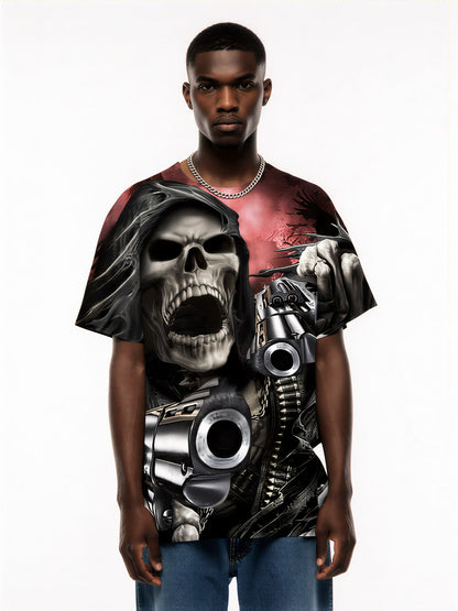 Men Women 3D Skull Reaper with Guns All Over Print T-Shirt Horror Graphic Design
