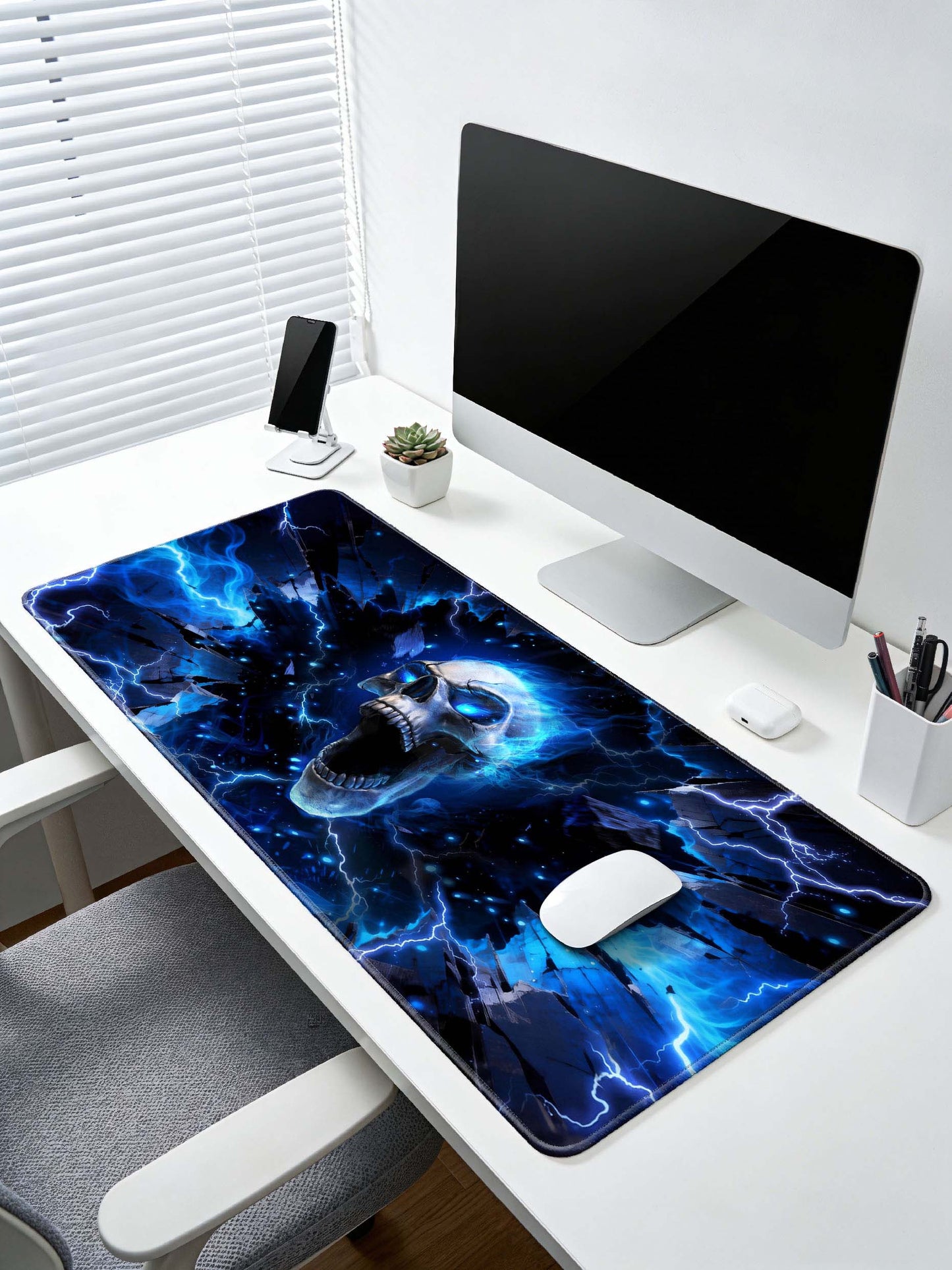 Blue Flame Skull Breaking Through Shattered Glass Desk Mat