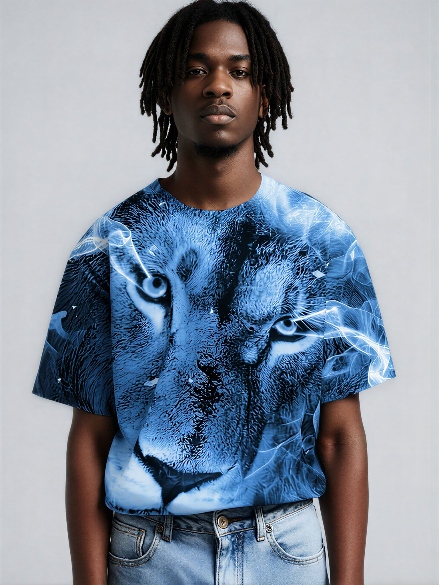 3D All Over Print Lion T-Shirt for Men Women Blue Flame Art Style