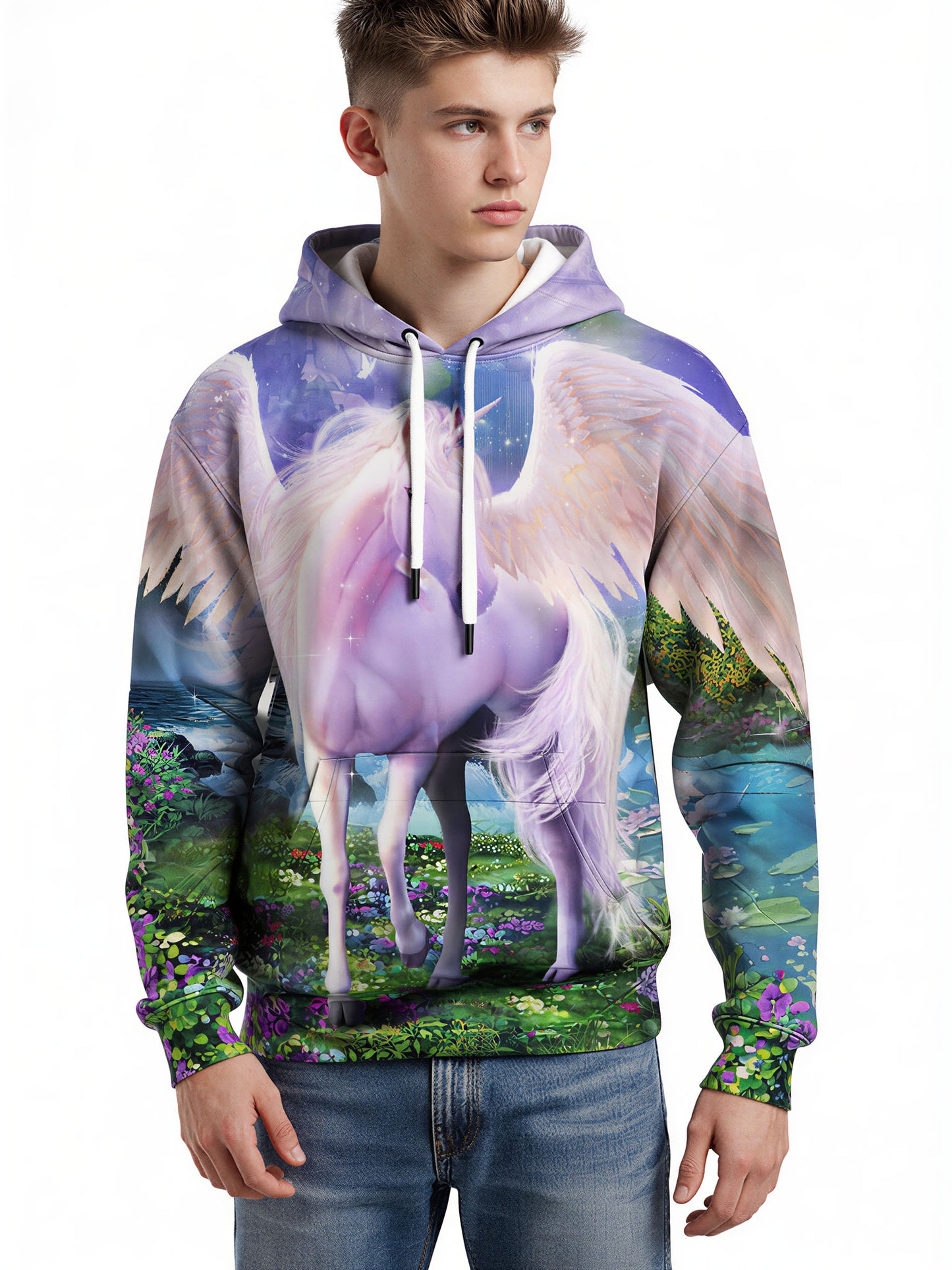 3D All Over Print Unicorn Hoodie for Men Women Fantasy Winged Horse Floral Garden Design