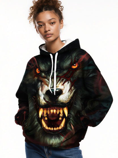 3D All Over Print Fierce Blood Wolf Hoodie Unisex Streetwear Cotton Blend