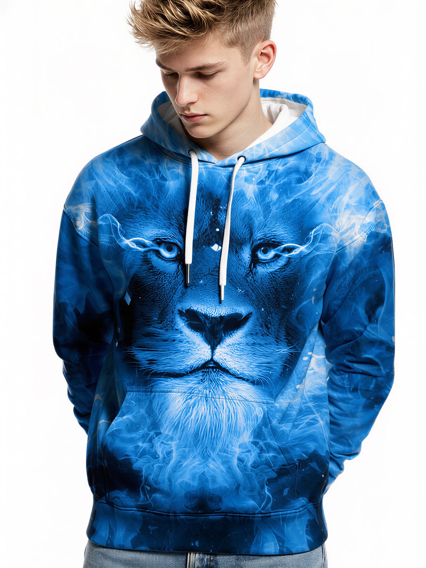 Blue Lion 3D All Over Print Hoodie for Men Women, Ice Fire Graphic Pullover Sweatshirt