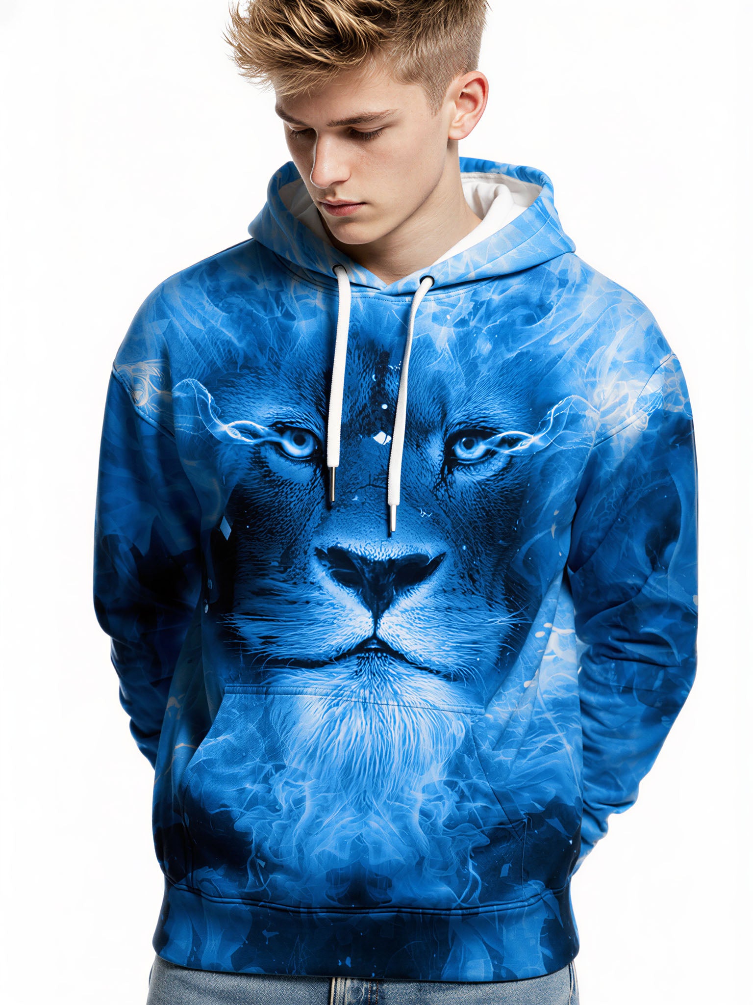 Blue Lion 3D All Over Print Hoodie for Men Women, Ice Fire Graphic Pullover Sweatshirt