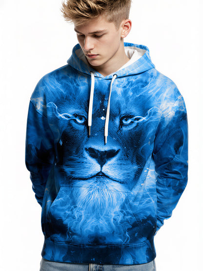 Blue Lion 3D All Over Print Hoodie for Men Women, Ice Fire Graphic Pullover Sweatshirt