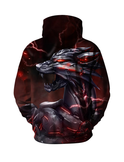 3D Cyber Wolf Hoodie with Lightning Red Glow Design All Over Print For Men Women