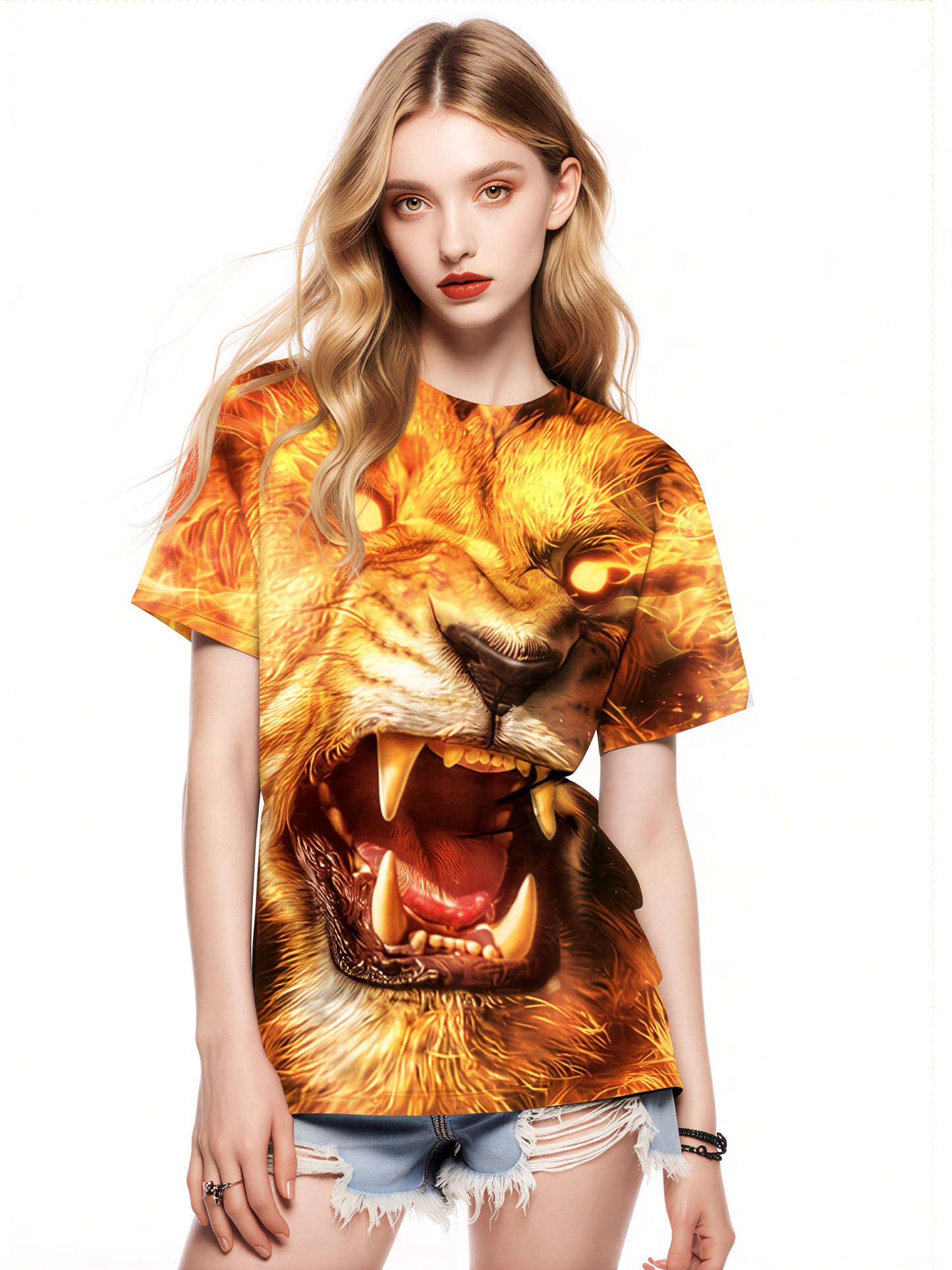 3D All Over Print Lion Roar T-Shirt for Men Women Fiery Animal Graphic Streetwear