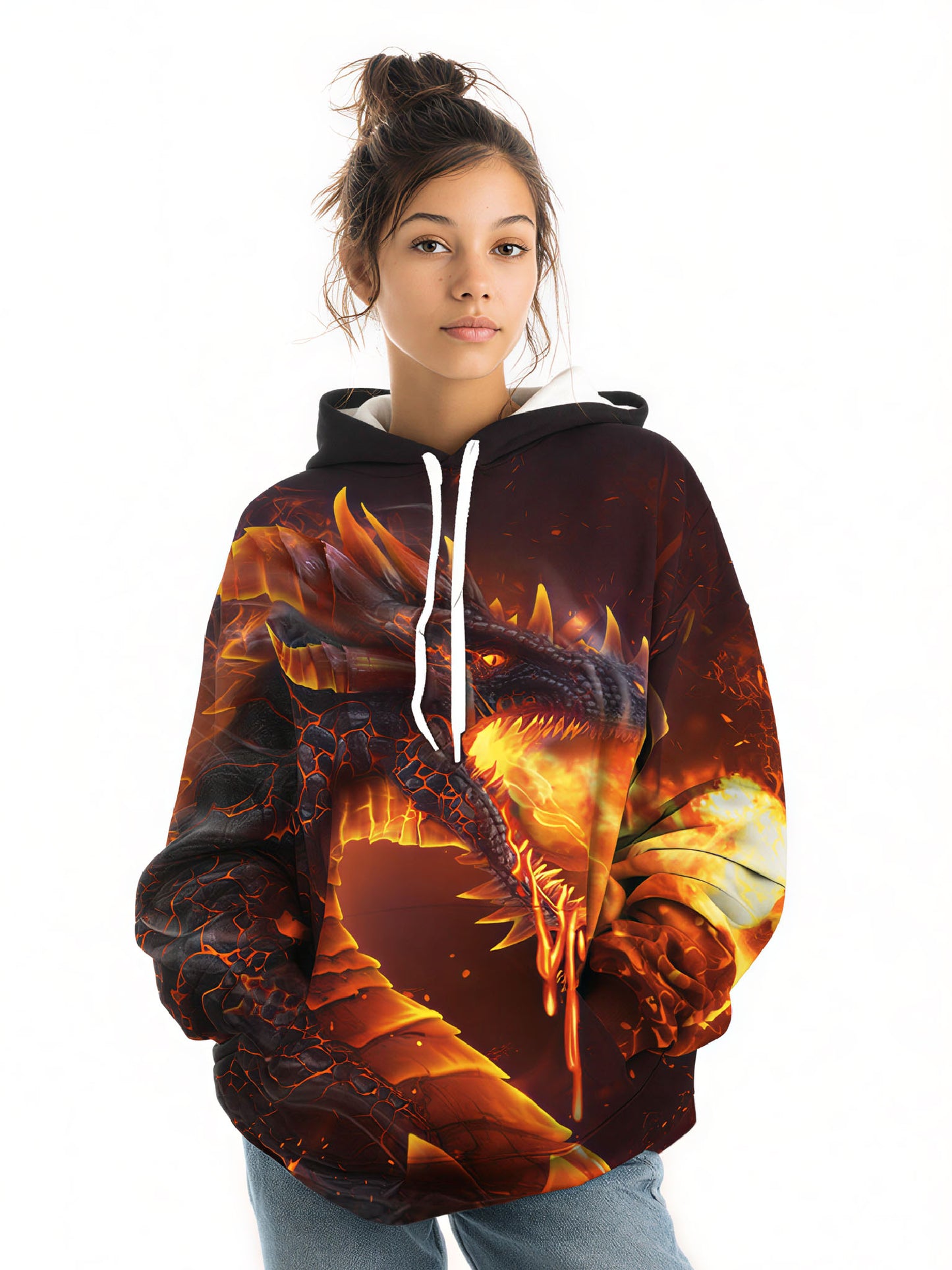 UrbanEdge Fire Dragon Hoodie 3D Flame Print Unisex Oversized Streetwear Sweatshirt