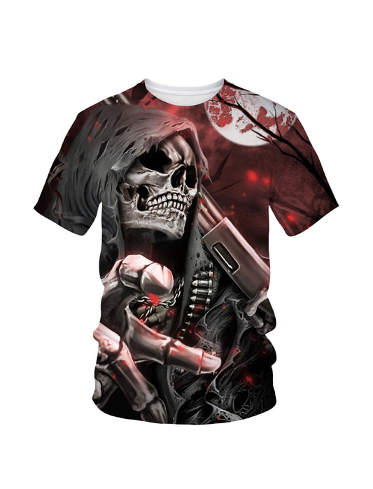 Men Women 3D All Over Print Grim Reaper T-Shirt with Blood Moon and Shotgun Design
