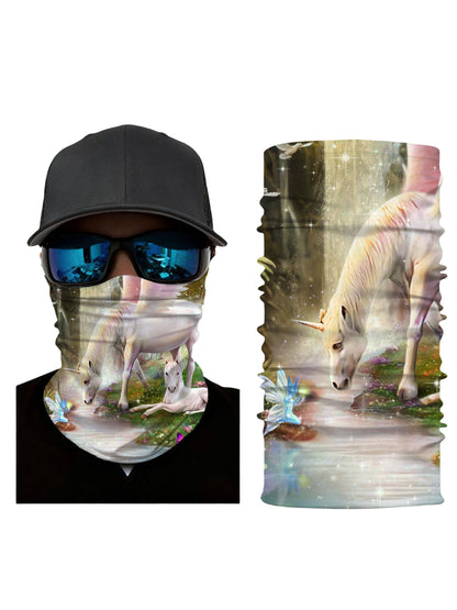 Unisex Neck Gaiter with 3D all over print featuring magical unicorn forest scene, fairy and butterfly details, Aesthetic style, soft stretchy breathable fabric for outdoor wear