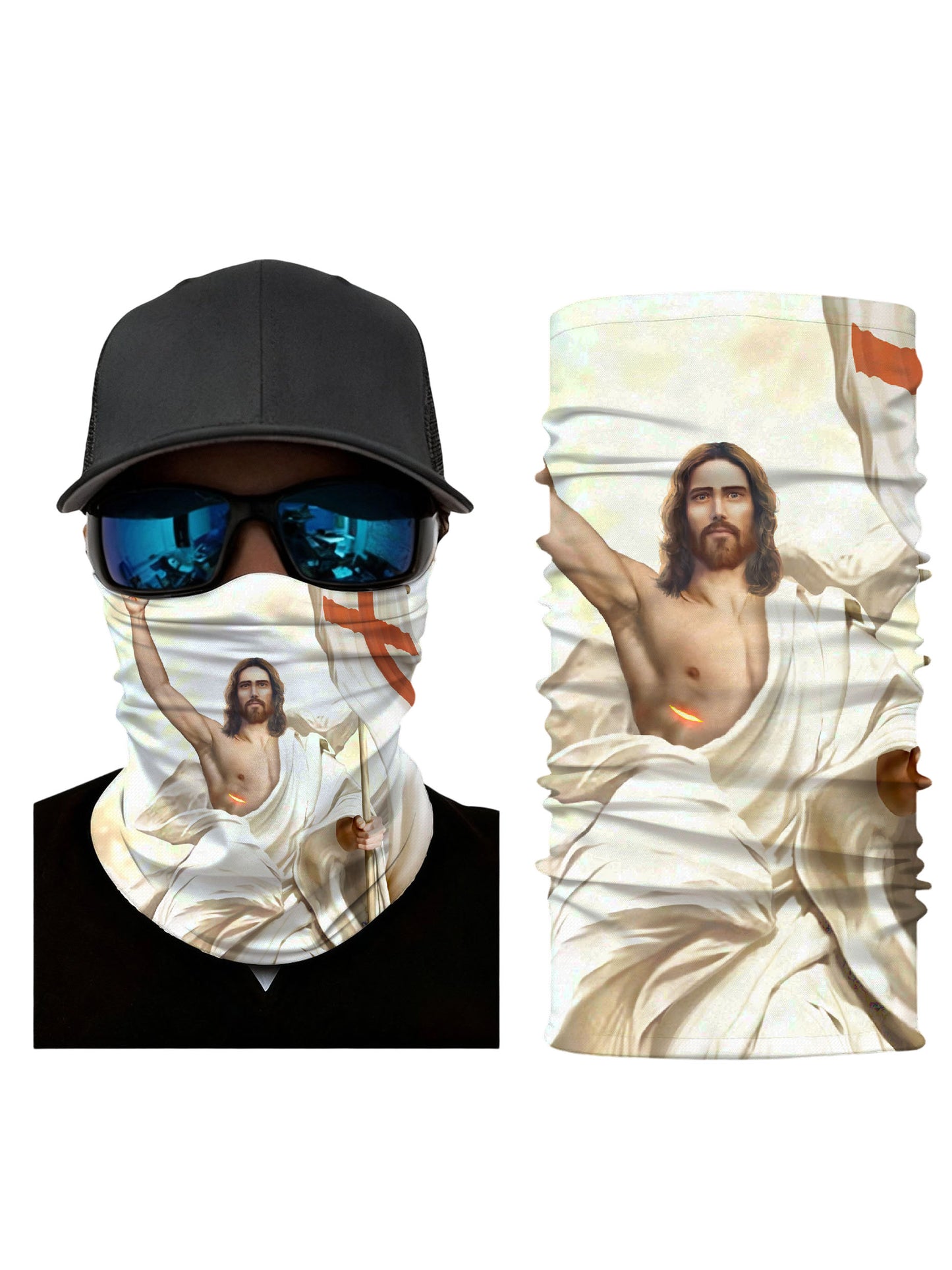 Neck Gaiter with 3D all over print featuring majestic Jesus Christ holding cross and radiant light, vintage religious art style, unisex breathable fabric for outdoor use