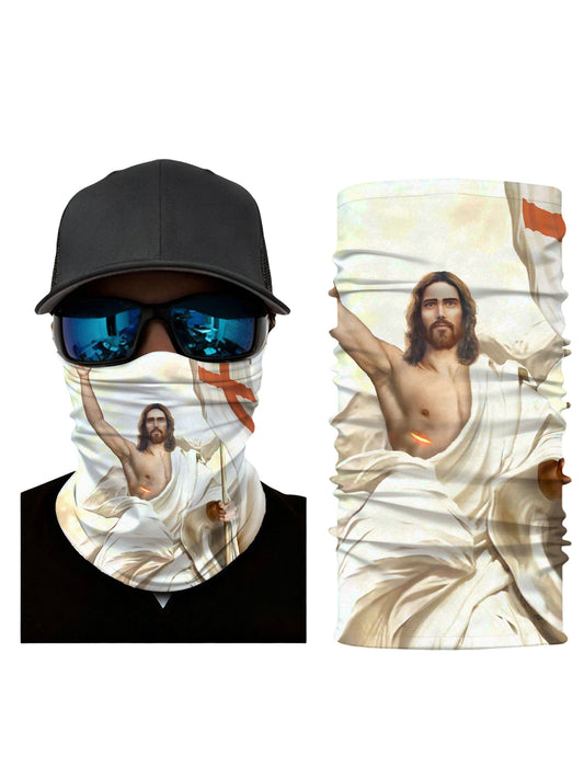 Neck Gaiter with 3D all over print featuring majestic Jesus Christ holding cross and radiant light, vintage religious art style, unisex breathable fabric for outdoor use